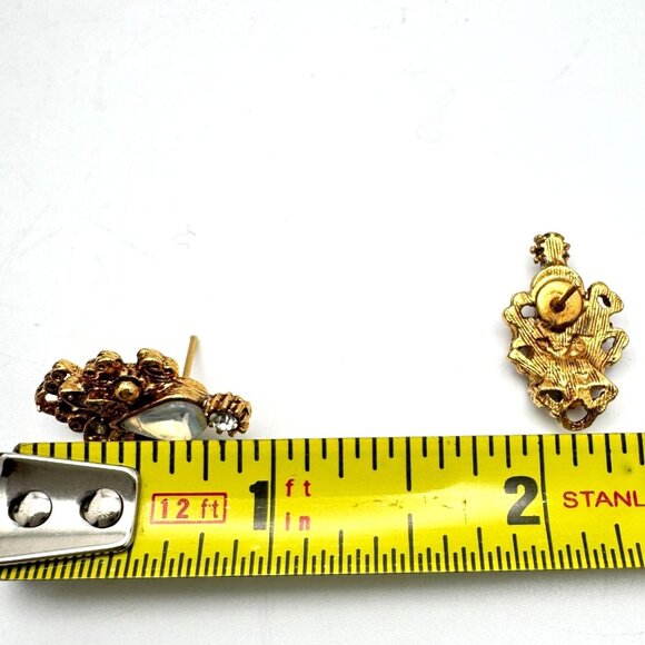 Edwardian Style Gold Tone Post Earrings Clear CrystalsTeardrop Accent Vintage 1" - Picture 3 of 8